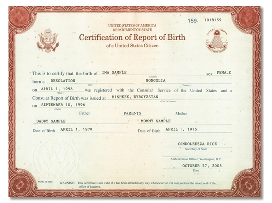 A certificate of birth of a baby

Description automatically generated